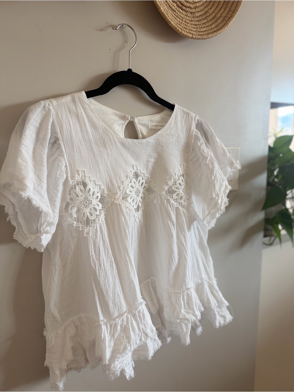 Altar'd State Cotton White Crochet-Front Ruffle Sleeve Blouse - Picture 2 of 14